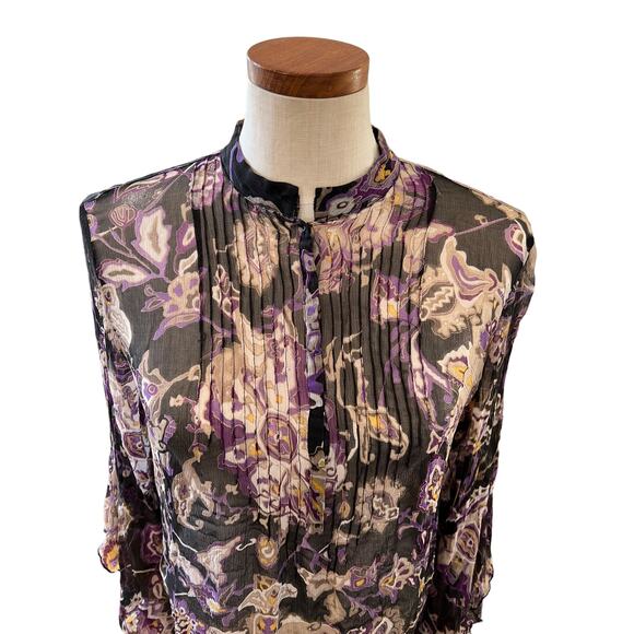 Sheer Silk Chiffon Long Sleeve Pintuck Top Purple Boho Print L - Picture 2 of 8